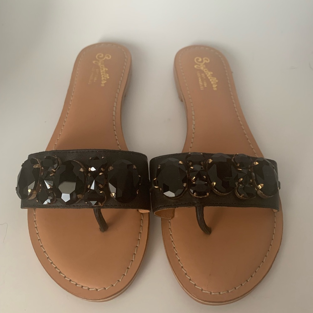 Seychelles Black Sandals Black with Black and Gold Jeweled Accents.